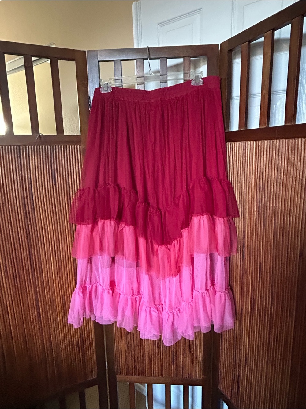 A-line skirt with ruffle tiers in burgundy and pink with elastic waist band. - Picture 5 of 12